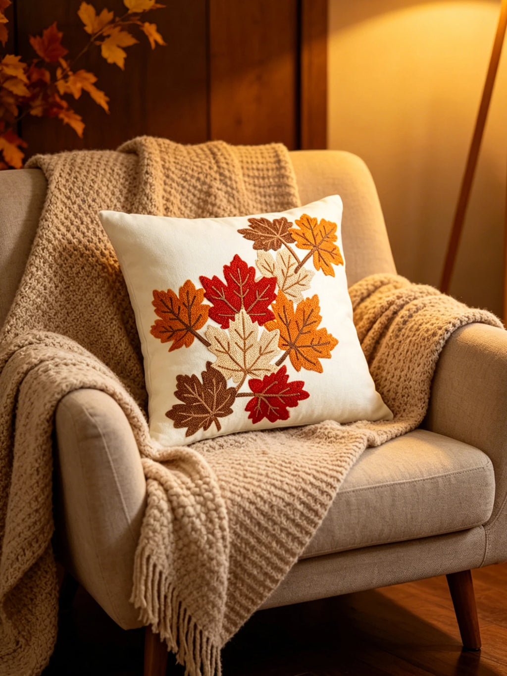 1pc Autumn Maple Leaf Pattern Embroidery Cushion Cover Multi-Size Sofa Bed Home Decor Universal Thanksgiving Day Pillow Case