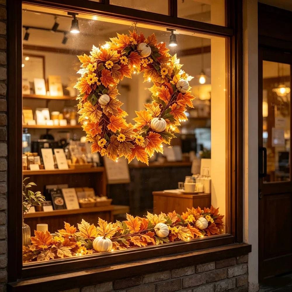 Autumn Maple Leaf and Pumpkin Artificial Rattan Hanging Decor for Thanksgiving Halloween and Autumn Parties