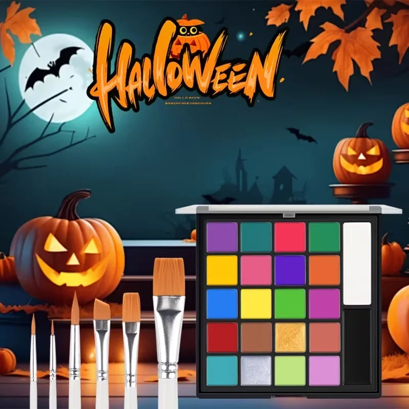 20 Colors Face Body Paint Palette with 6pcs Brushes, Waterproof Non-Toxic Face Painting Kit for Halloween Cosplay SFX Stage Carnival Party Kids Festival Body Art Makeup Supplies