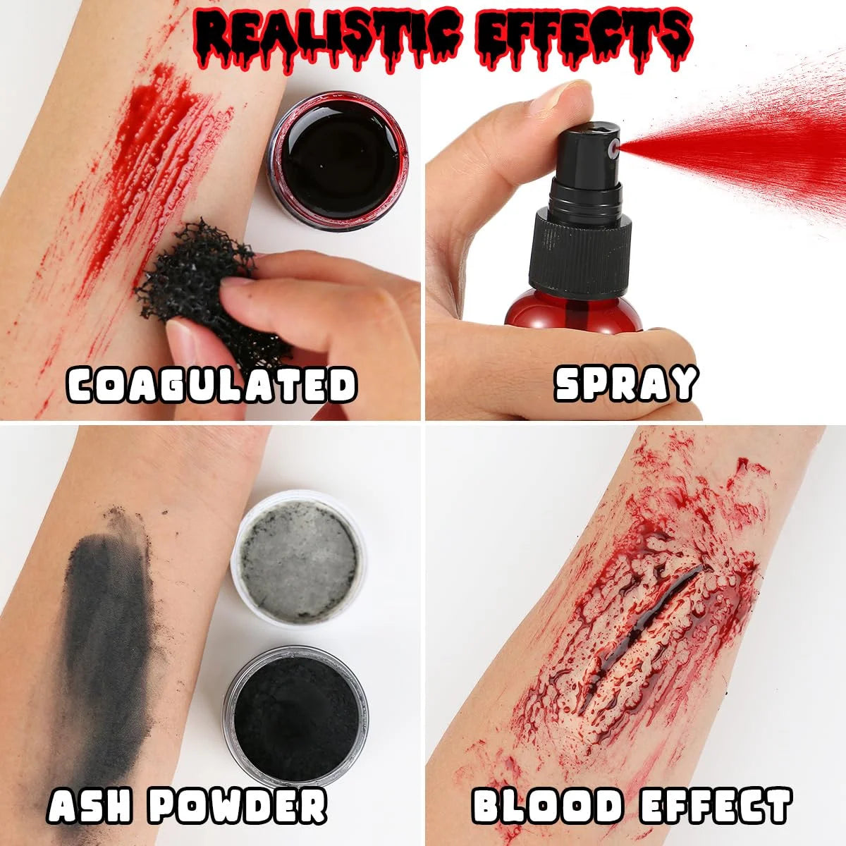 Bowitzki SFX Face Body Paint ,Halloween Makeup Special Effects，Fake Blood Scar Wax Charred Ash Powder with Sponges Brush