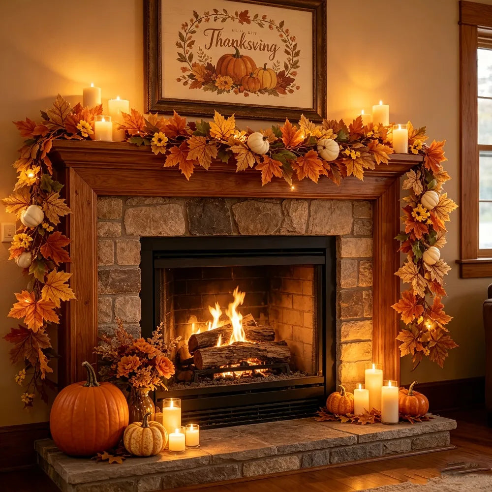 Autumn Maple Leaf and Pumpkin Artificial Rattan Hanging Decor for Thanksgiving Halloween and Autumn Parties