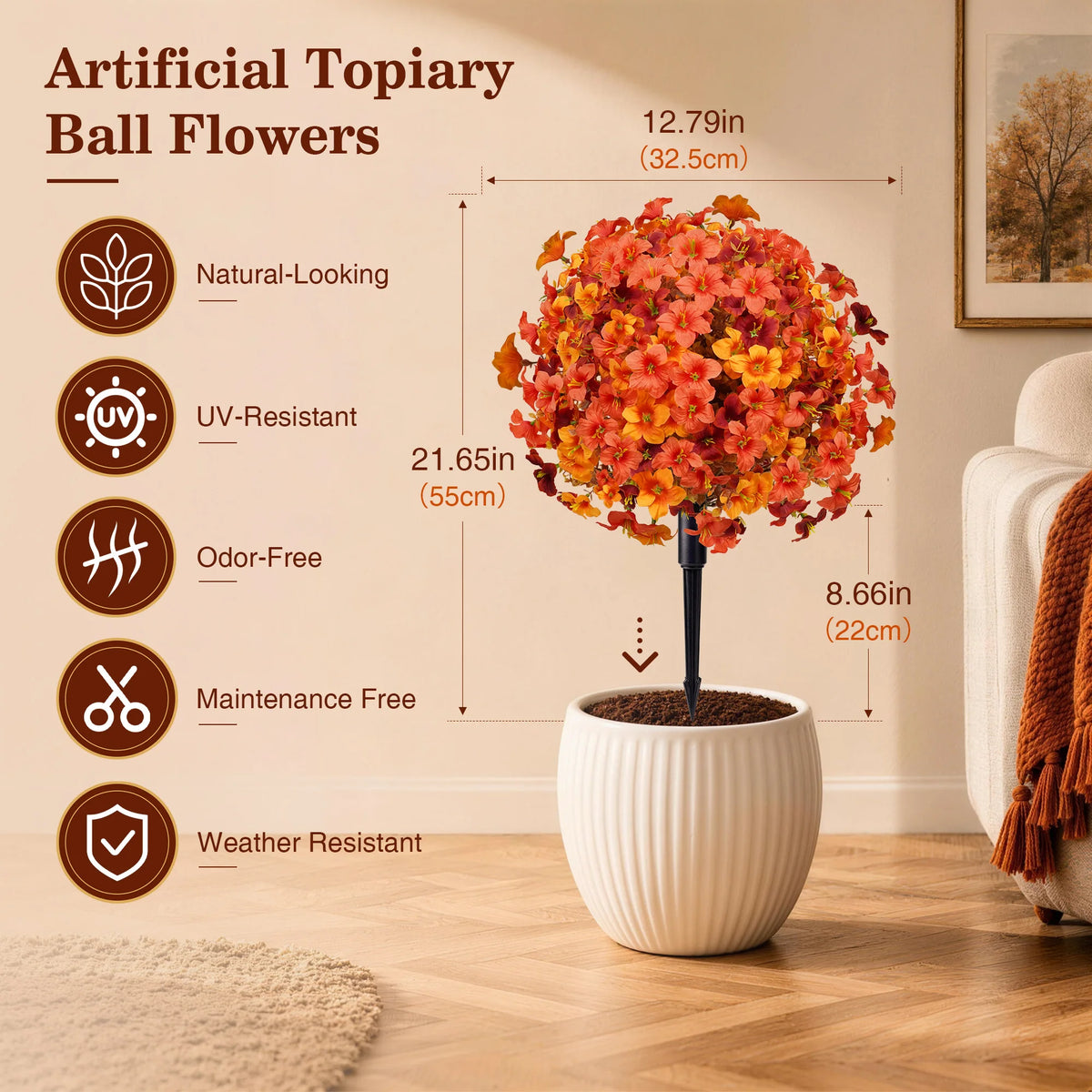 2 Pack Artificial Flowers Topiary Ball Outdoor Decoration with Garden Stake, Realistic Faux Flower Bush UV Resistant for Front Porch Patio Yard Garden Fall Decor Halloween Thanksgiving Day Decor