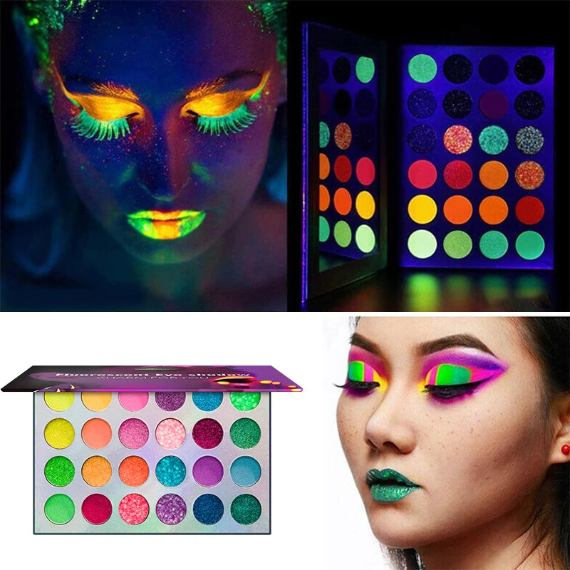 24 Colors Rainbow Neon Eyeshadow Palette UV Fluorescent Matte Shimmer Glitter High Pigment Colorful Eye Shadow Waterproof Blacklight Glow Stage Festival Halloween Makeup Cosmetic