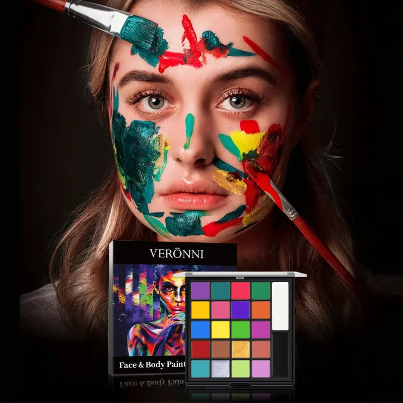 20 Colors Face Body Paint Palette with 6pcs Brushes, Waterproof Non-Toxic Face Painting Kit for Halloween Cosplay SFX Stage Carnival Party Kids Festival Body Art Makeup Supplies