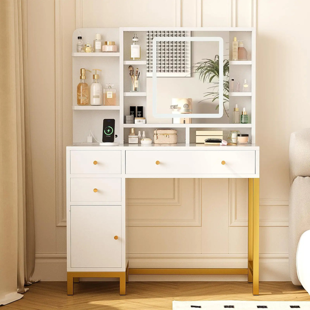 White Vanity Desk with Mirror and LED Lights