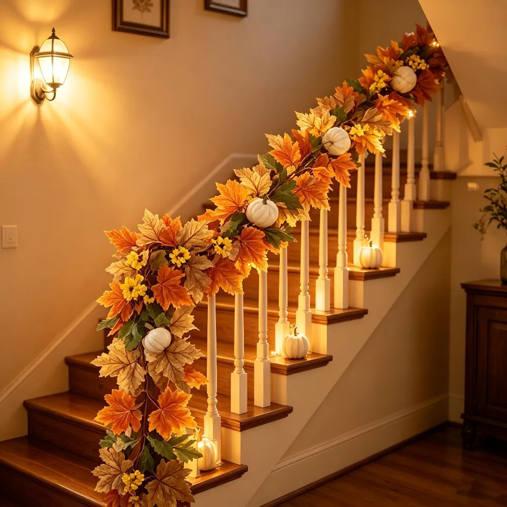 Autumn Maple Leaf and Pumpkin Artificial Rattan Hanging Decor for Thanksgiving Halloween and Autumn Parties