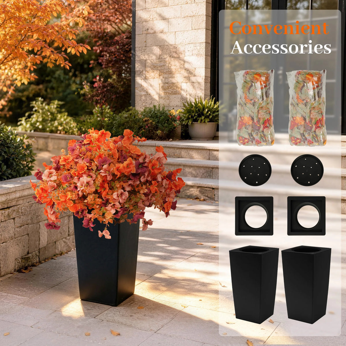 60cm Artificial Orange Daisy Flowers in Black Planters 2 Packs UV Resistant Artificial Flowers for Decoration, Faux Potted Plants for Front Porch Patio Outdoor Garden Decoration Entryway Home Fall Decor