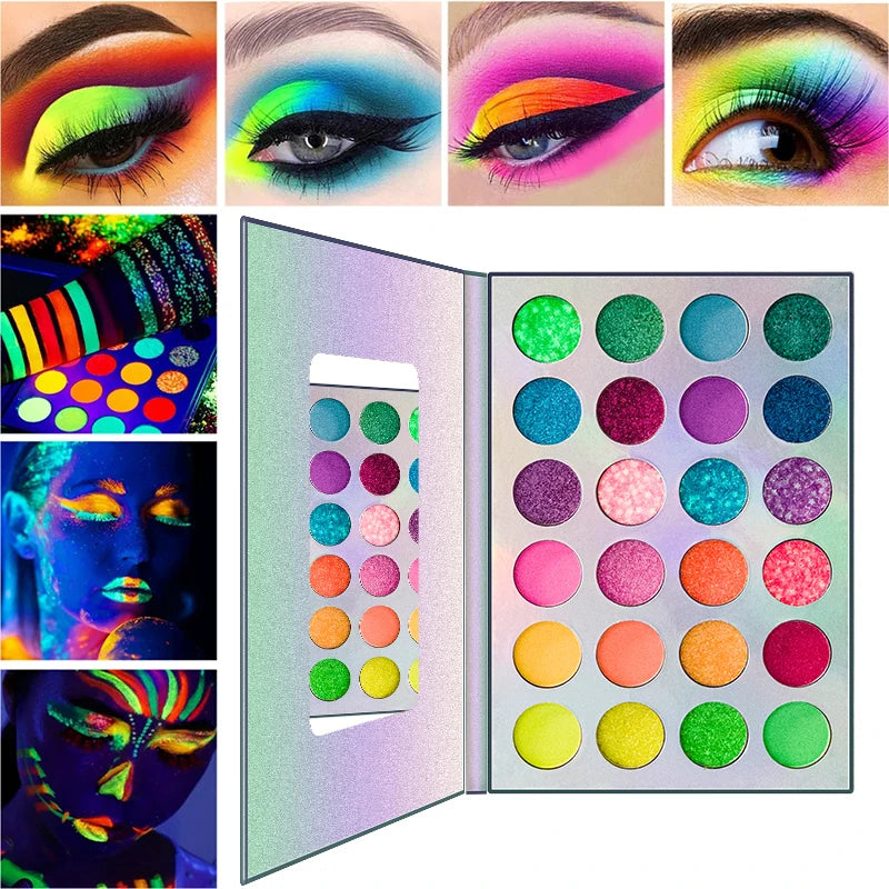 24 Colors Rainbow Neon Eyeshadow Palette UV Fluorescent Matte Shimmer Glitter High Pigment Colorful Eye Shadow Waterproof Blacklight Glow Stage Festival Halloween Makeup Cosmetic