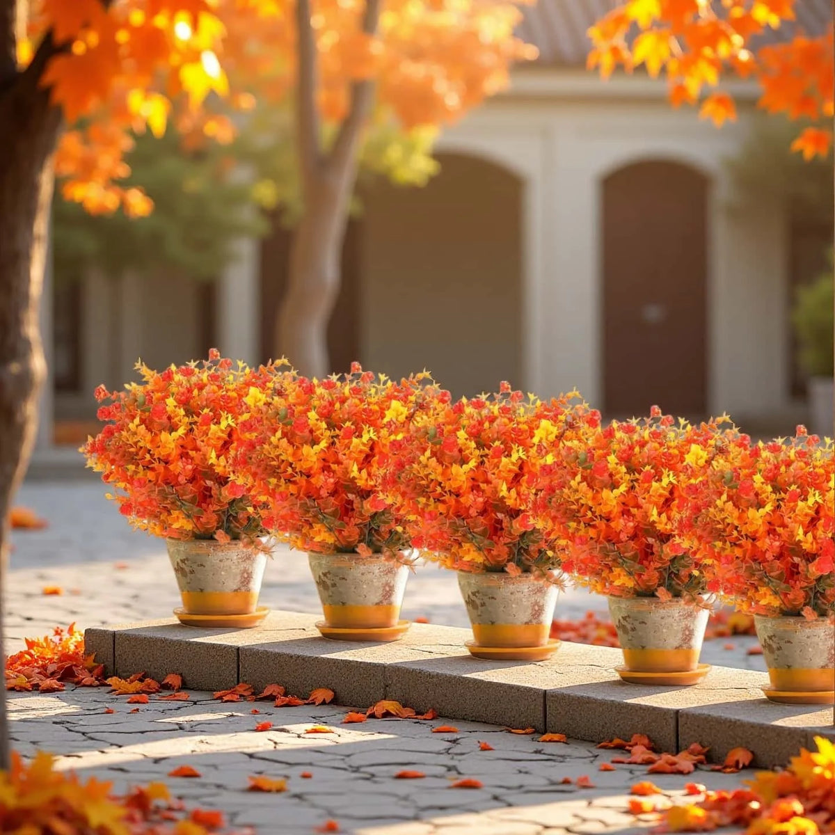 8PCS Artificial Flowers - Orange, Yellow - Realistic Plastic Autumn Decor for Thanksgiving, Halloween, Diwali & Celebrations