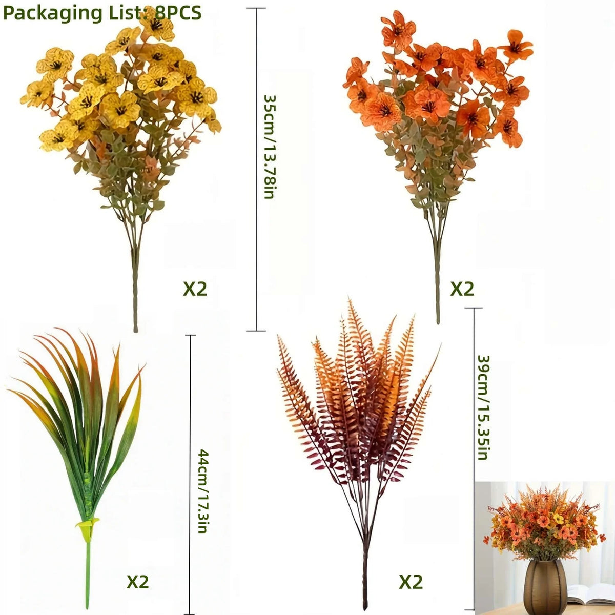 8PCS Artificial Flowers - Orange, Yellow - Realistic Plastic Autumn Decor for Thanksgiving, Halloween, Diwali & Celebrations
