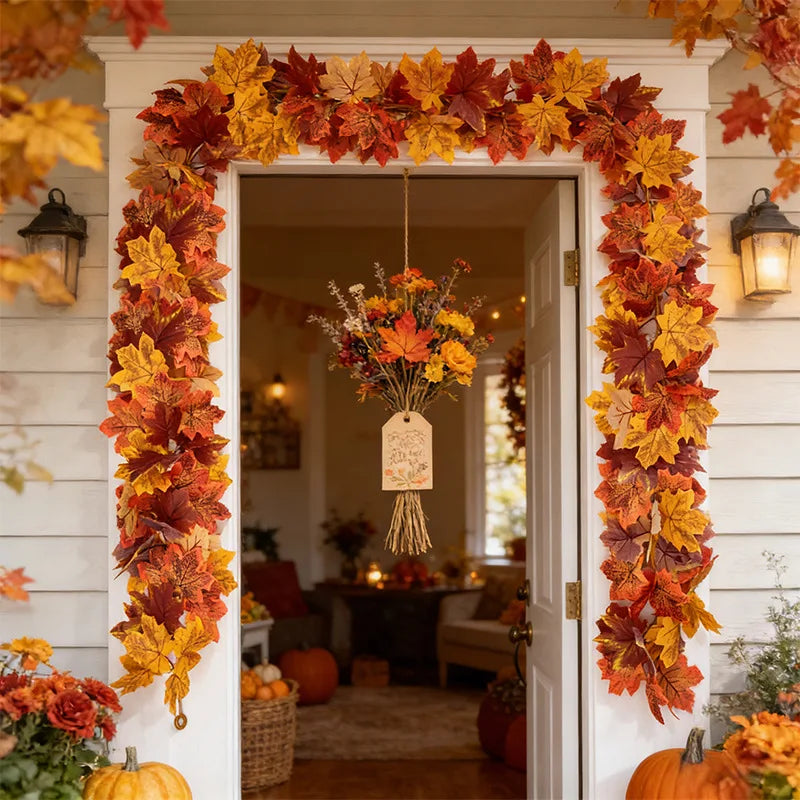 Artificial Maple Leaf Garland, Faux Autumn Leaves Wreath for Outdoor Thanksgiving and Christmas Fall Decorations for Home