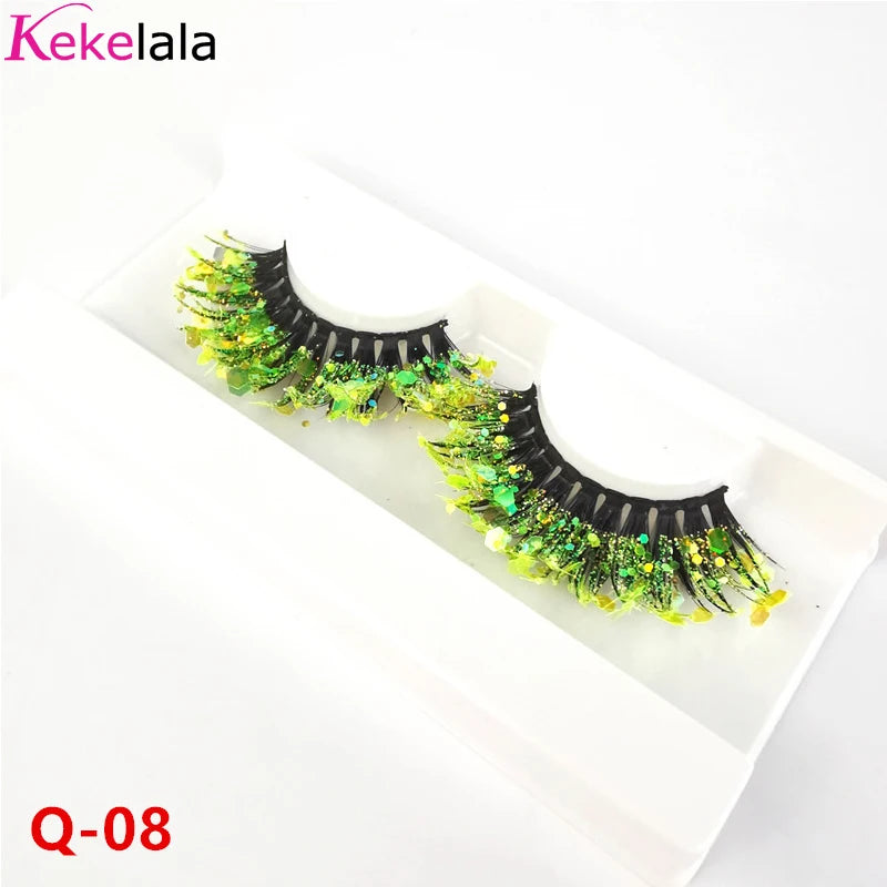 Unique Shining Colored Eyelashes Gold Pink Green Glitter Colorful False Eye Lashes Dramatic Halloween Party Rainbow Cilias
