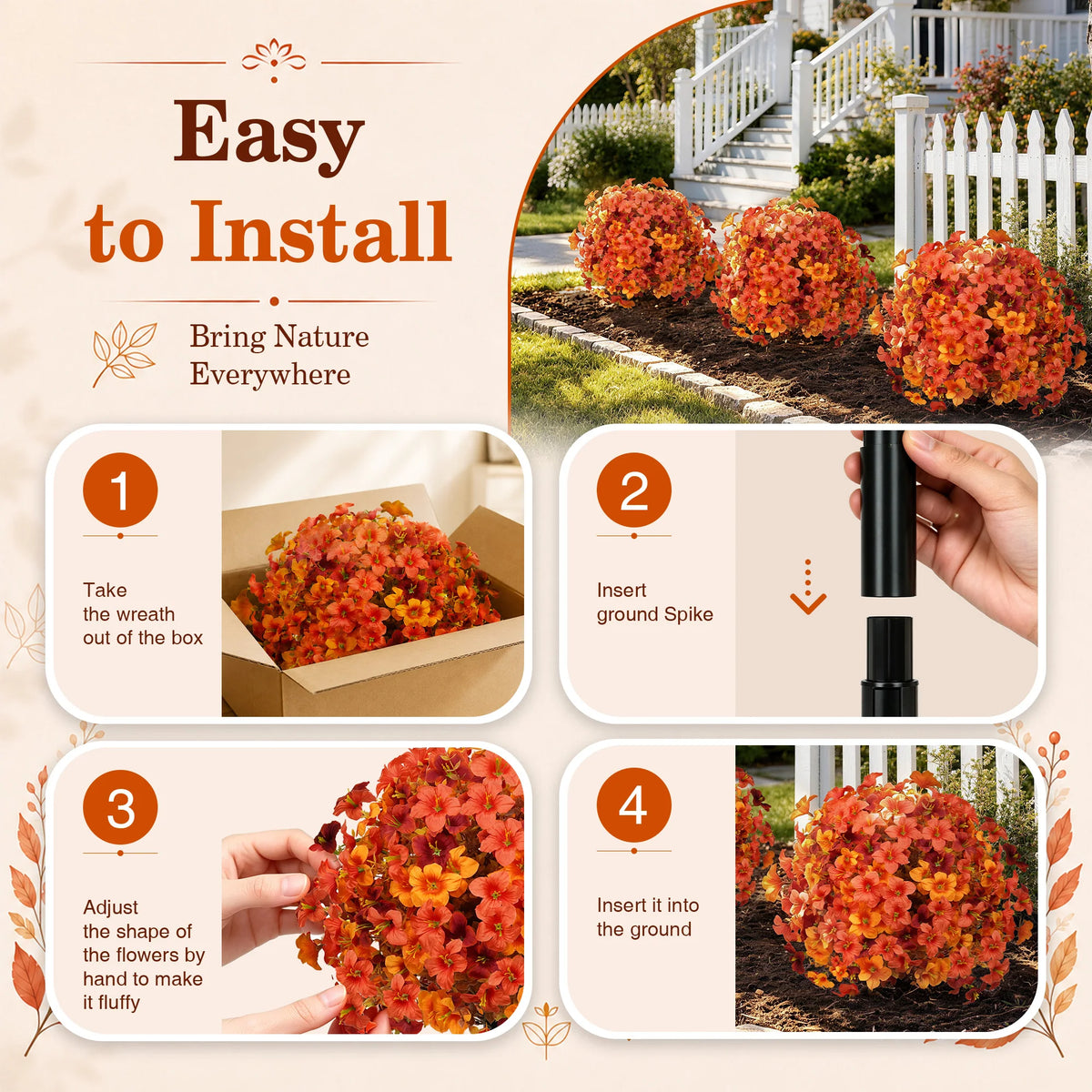 2 Pack Artificial Flowers Topiary Ball Outdoor Decoration with Garden Stake, Realistic Faux Flower Bush UV Resistant for Front Porch Patio Yard Garden Fall Decor Halloween Thanksgiving Day Decor