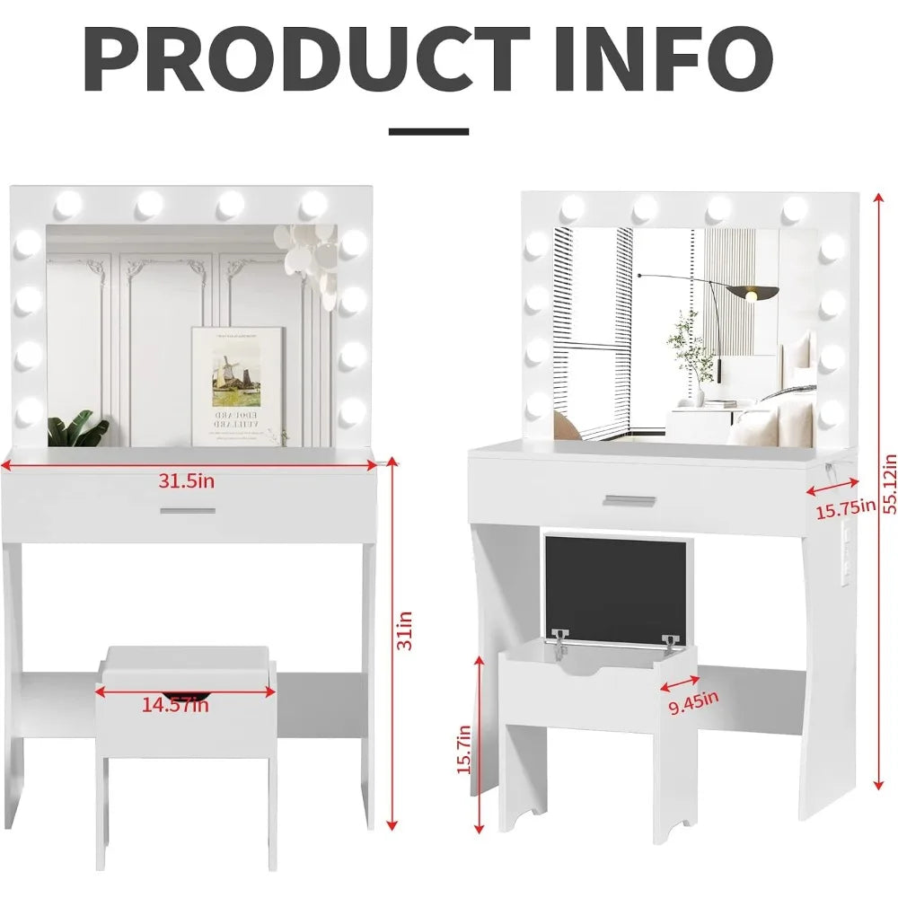 Makeup Vanity Desk with Mirror, White Bedroom Vanity Table with Charging Station and Storage Stool