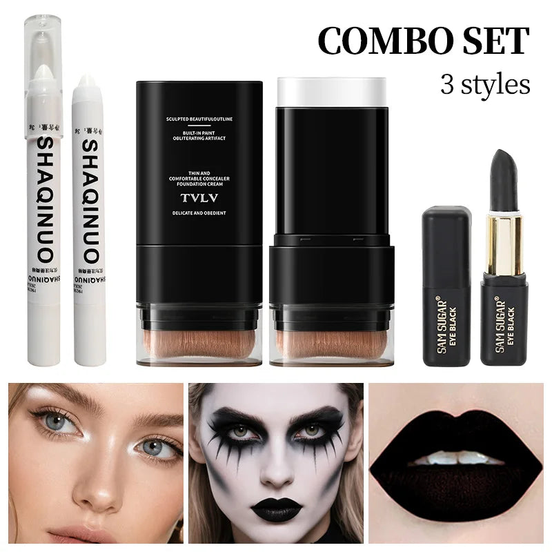 3Pcs Halloween Gothic Makeup Set White Foundation Stick Highlighter Pen Black Face Body Paint for Vampire Cosplay SFX Party Kit