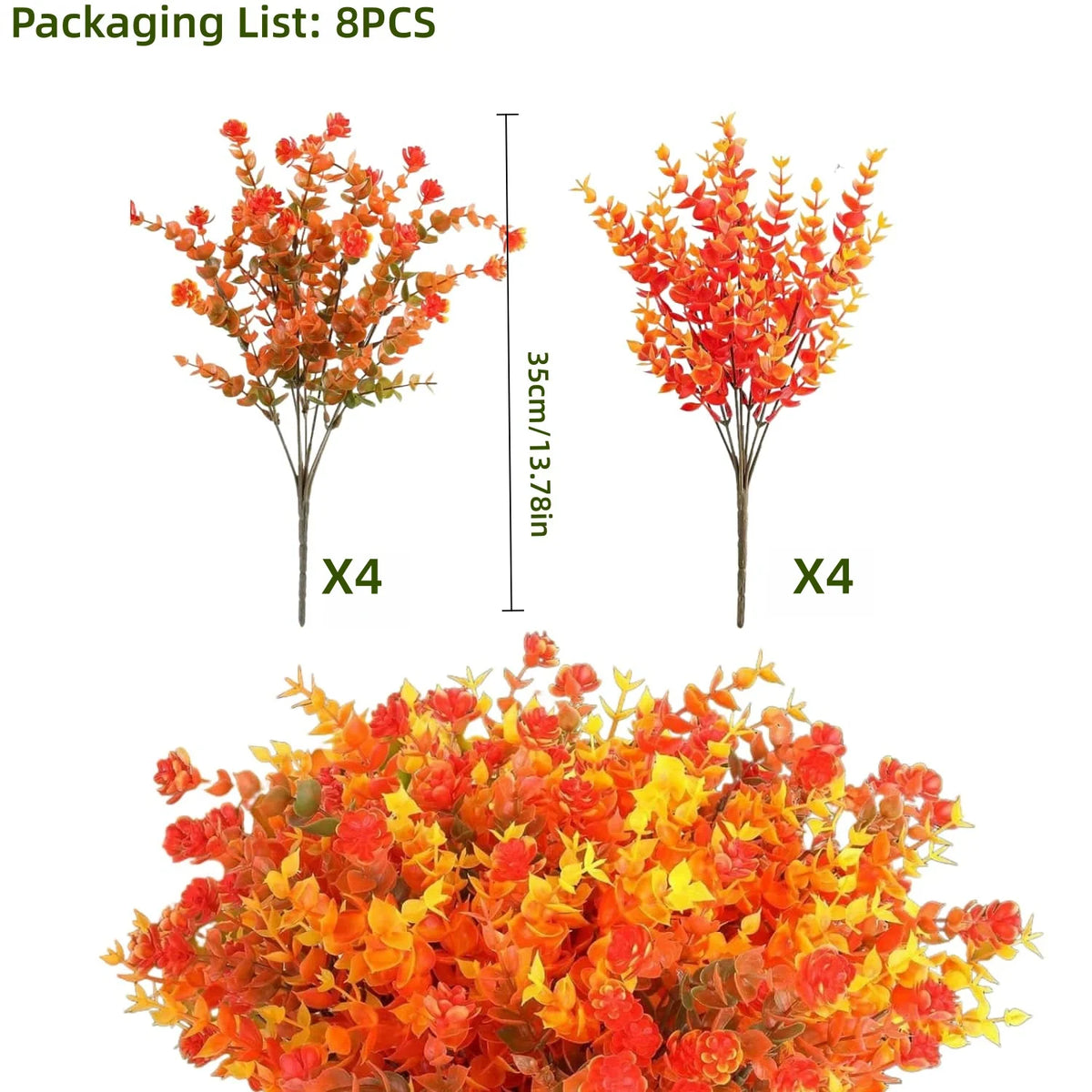 8PCS Artificial Flowers - Orange, Yellow - Realistic Plastic Autumn Decor for Thanksgiving, Halloween, Diwali & Celebrations