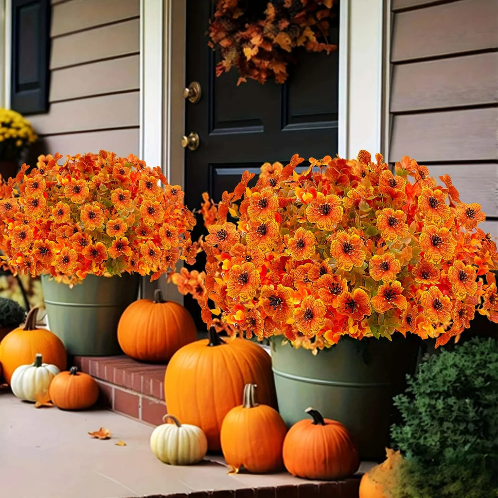 8PCS Artificial Flowers - Orange, Yellow - Realistic Plastic Autumn Decor for Thanksgiving, Halloween, Diwali & Celebrations