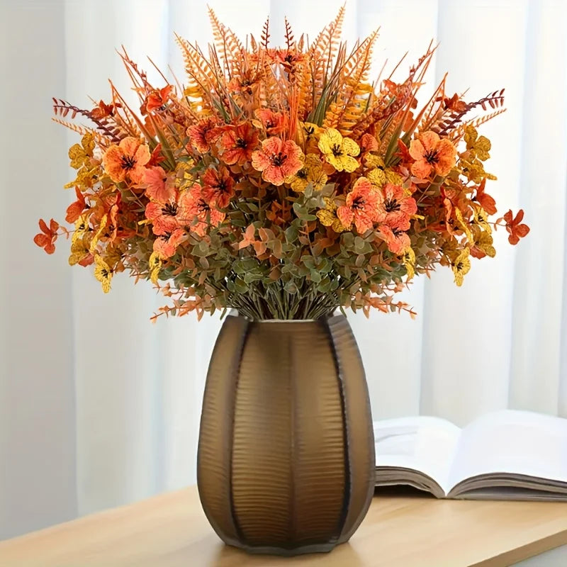 8PCS Artificial Flowers - Orange, Yellow - Realistic Plastic Autumn Decor for Thanksgiving, Halloween, Diwali & Celebrations