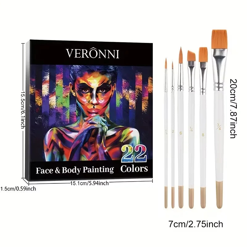 20 Colors Face Body Paint Palette with 6pcs Brushes, Waterproof Non-Toxic Face Painting Kit for Halloween Cosplay SFX Stage Carnival Party Kids Festival Body Art Makeup Supplies