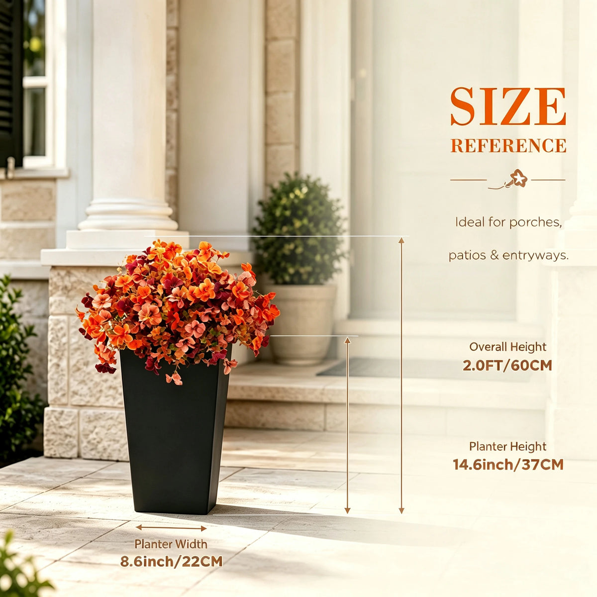 60cm Artificial Orange Daisy Flowers in Black Planters 2 Packs UV Resistant Artificial Flowers for Decoration, Faux Potted Plants for Front Porch Patio Outdoor Garden Decoration Entryway Home Fall Decor
