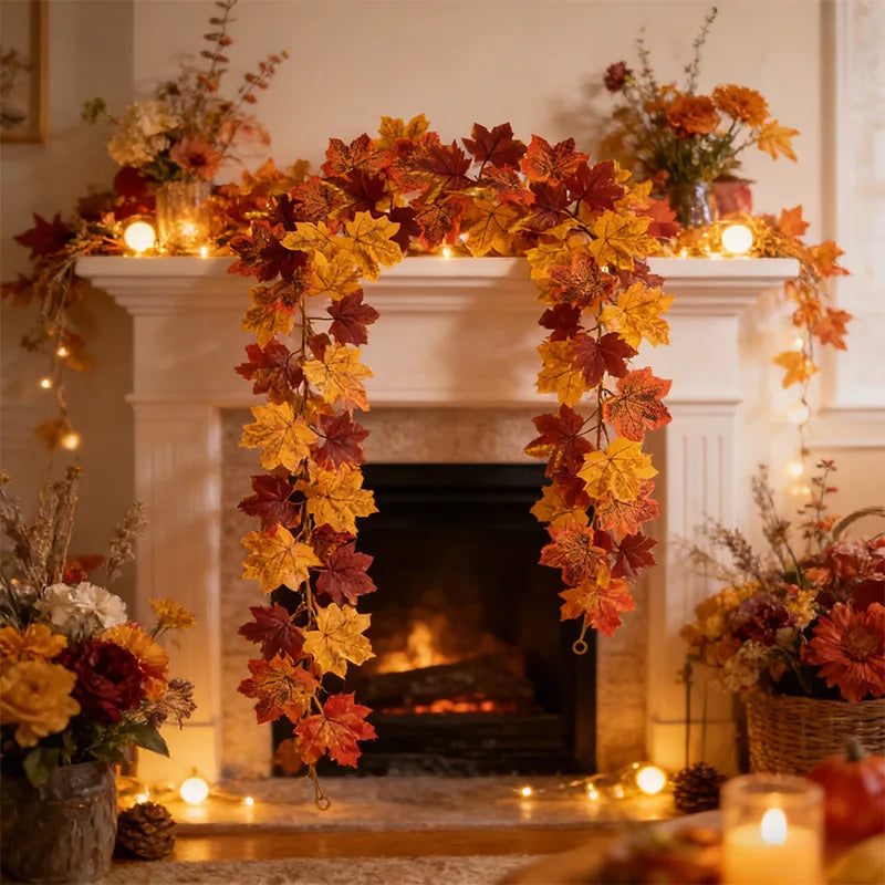 Artificial Maple Leaf Garland, Faux Autumn Leaves Wreath for Outdoor Thanksgiving and Christmas Fall Decorations for Home