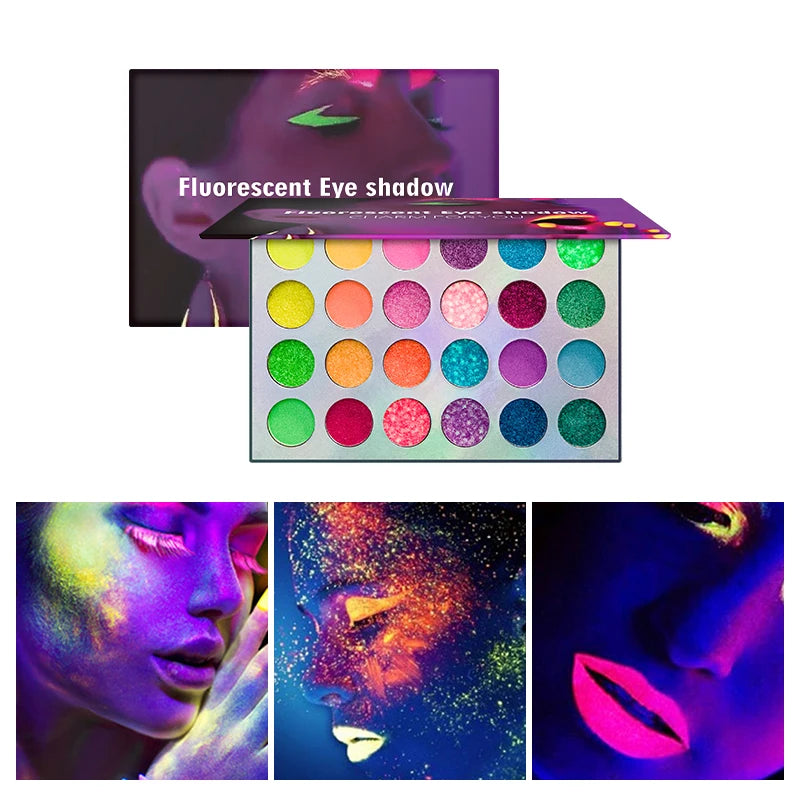 24 Colors Rainbow Neon Eyeshadow Palette UV Fluorescent Matte Shimmer Glitter High Pigment Colorful Eye Shadow Waterproof Blacklight Glow Stage Festival Halloween Makeup Cosmetic