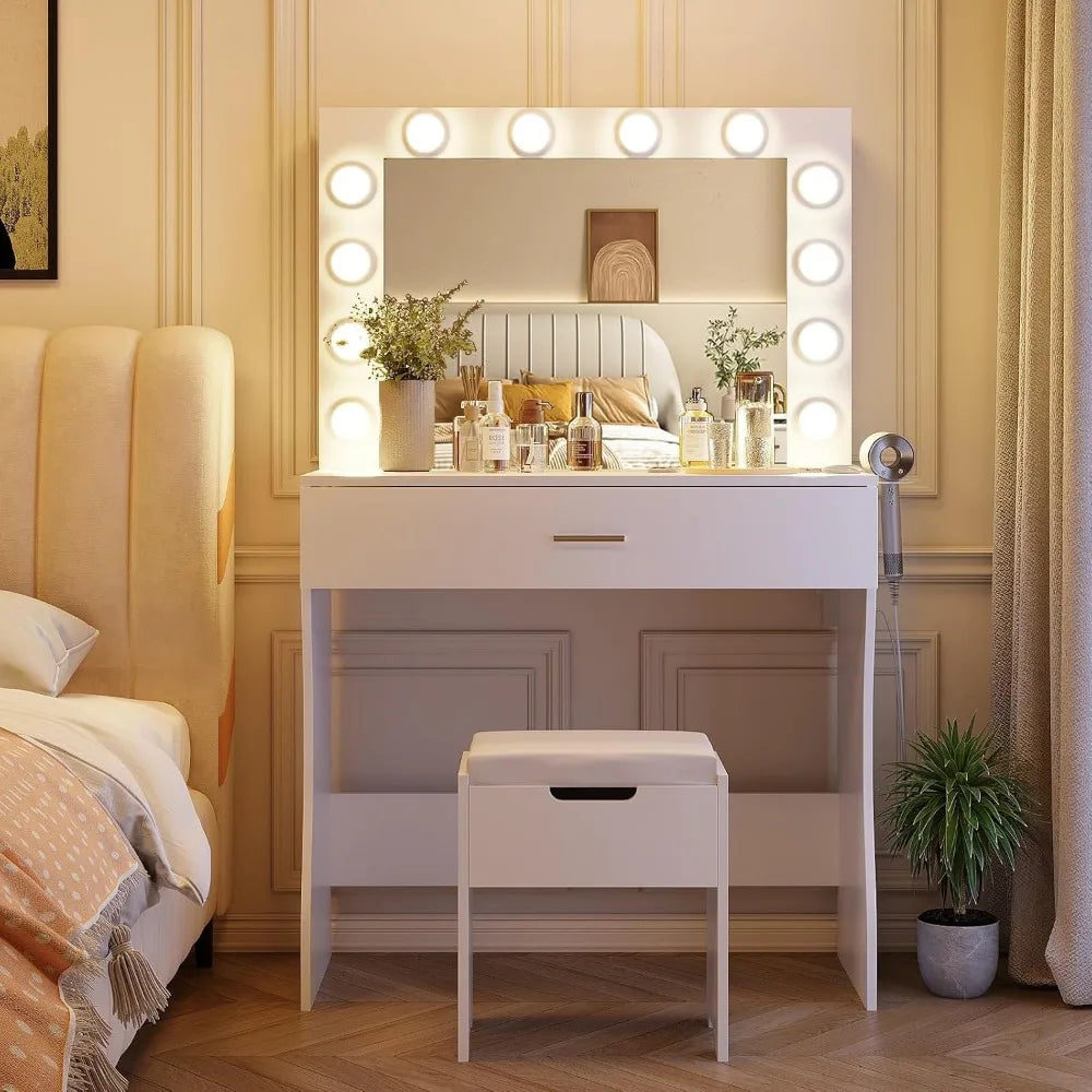 Makeup Vanity Desk with Mirror, White Bedroom Vanity Table with Charging Station and Storage Stool