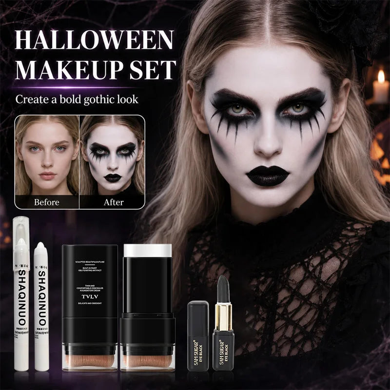 3Pcs Halloween Gothic Makeup Set White Foundation Stick Highlighter Pen Black Face Body Paint for Vampire Cosplay SFX Party Kit