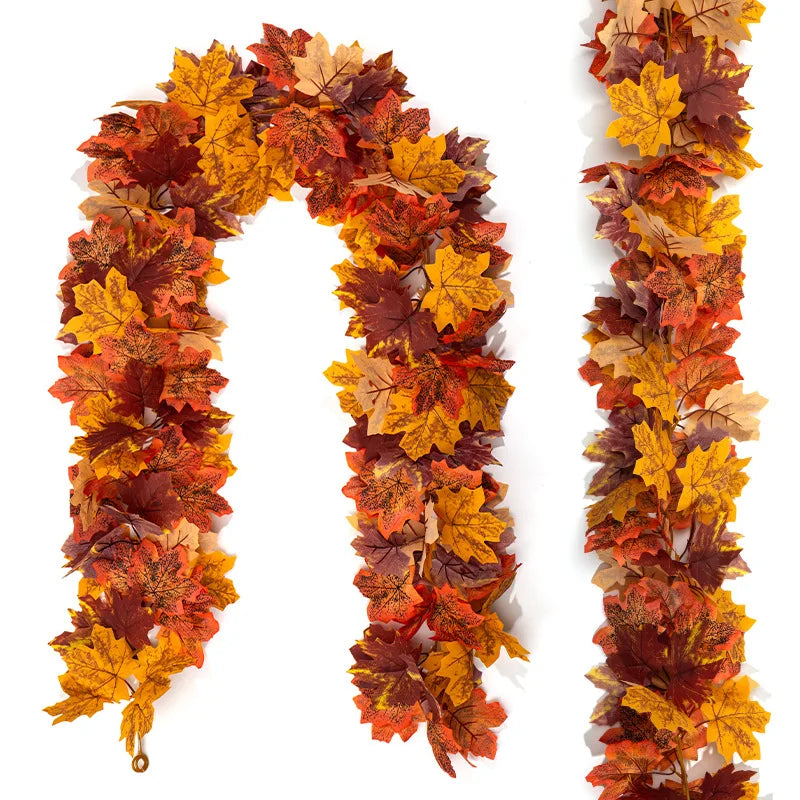 Artificial Maple Leaf Garland, Faux Autumn Leaves Wreath for Outdoor Thanksgiving and Christmas Fall Decorations for Home