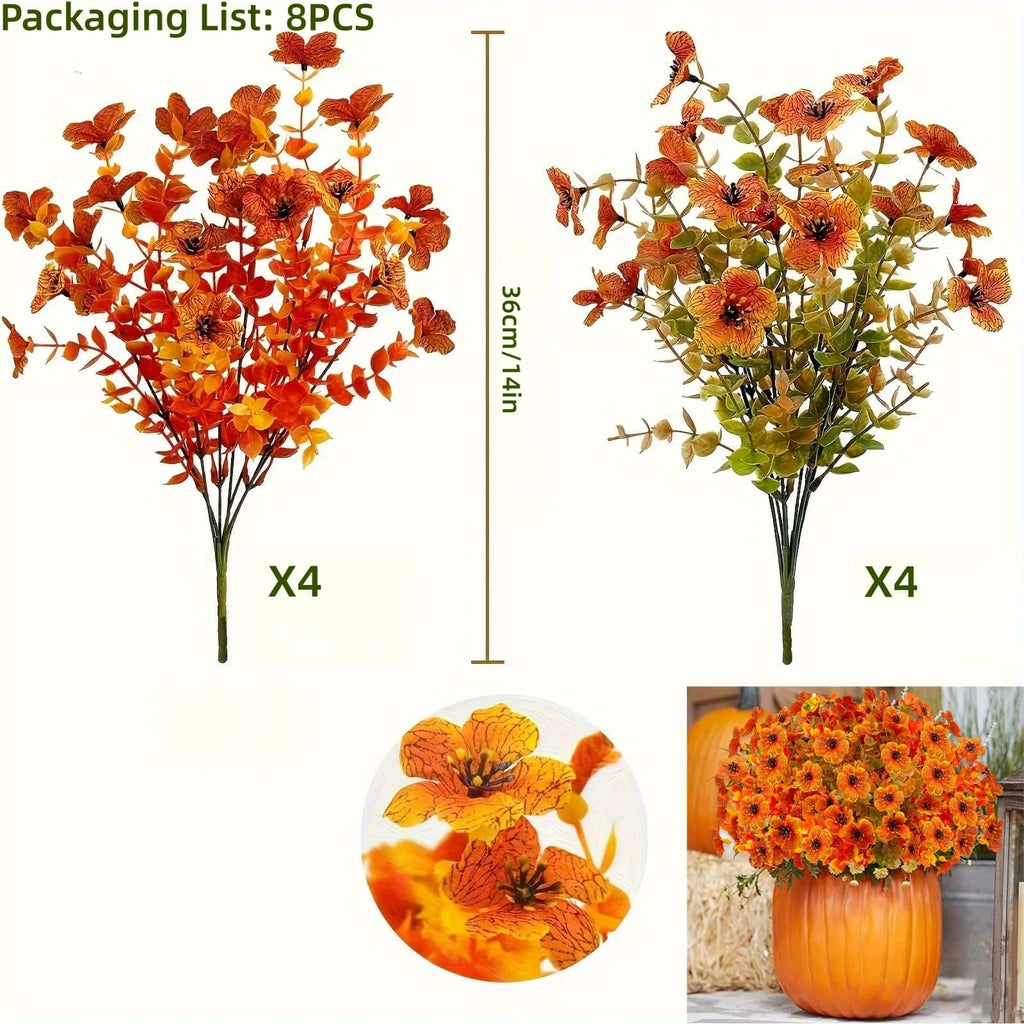 8PCS Artificial Flowers - Orange, Yellow - Realistic Plastic Autumn Decor for Thanksgiving, Halloween, Diwali & Celebrations