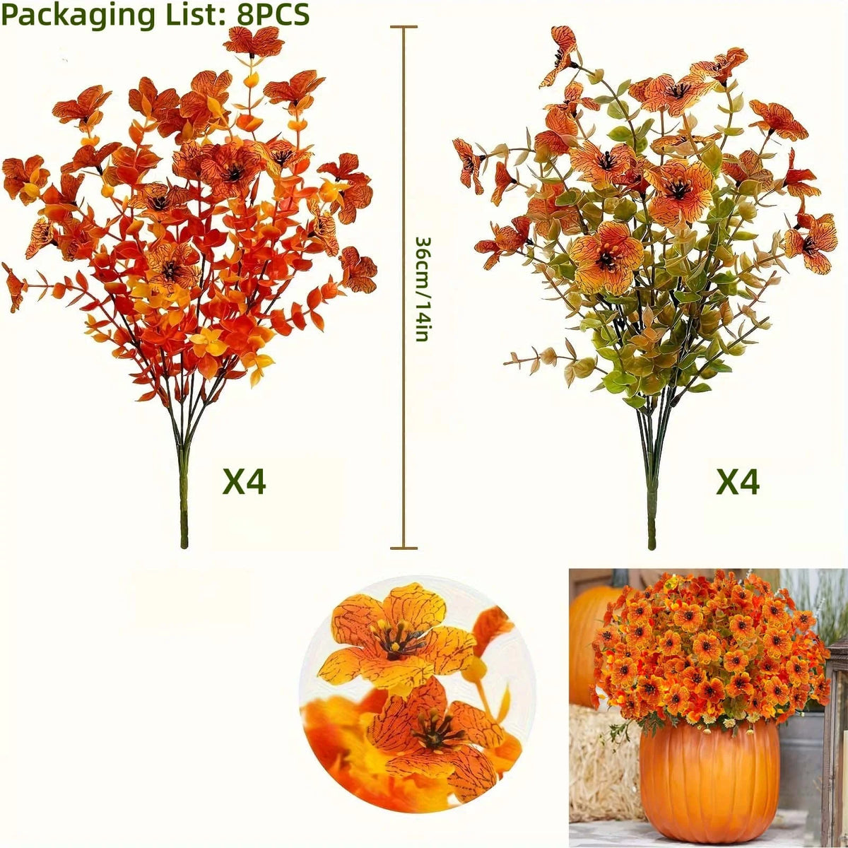 8PCS Artificial Flowers - Orange, Yellow - Realistic Plastic Autumn Decor for Thanksgiving, Halloween, Diwali & Celebrations