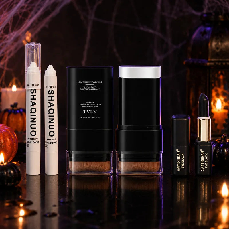3Pcs Halloween Gothic Makeup Set White Foundation Stick Highlighter Pen Black Face Body Paint for Vampire Cosplay SFX Party Kit