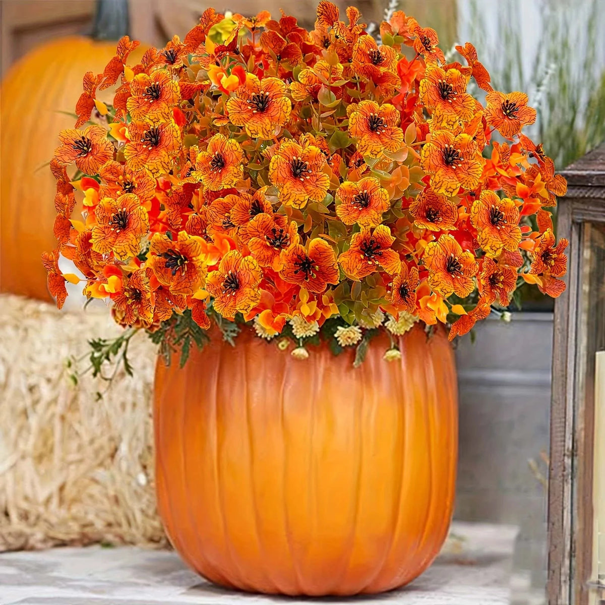 8PCS Artificial Flowers - Orange, Yellow - Realistic Plastic Autumn Decor for Thanksgiving, Halloween, Diwali & Celebrations