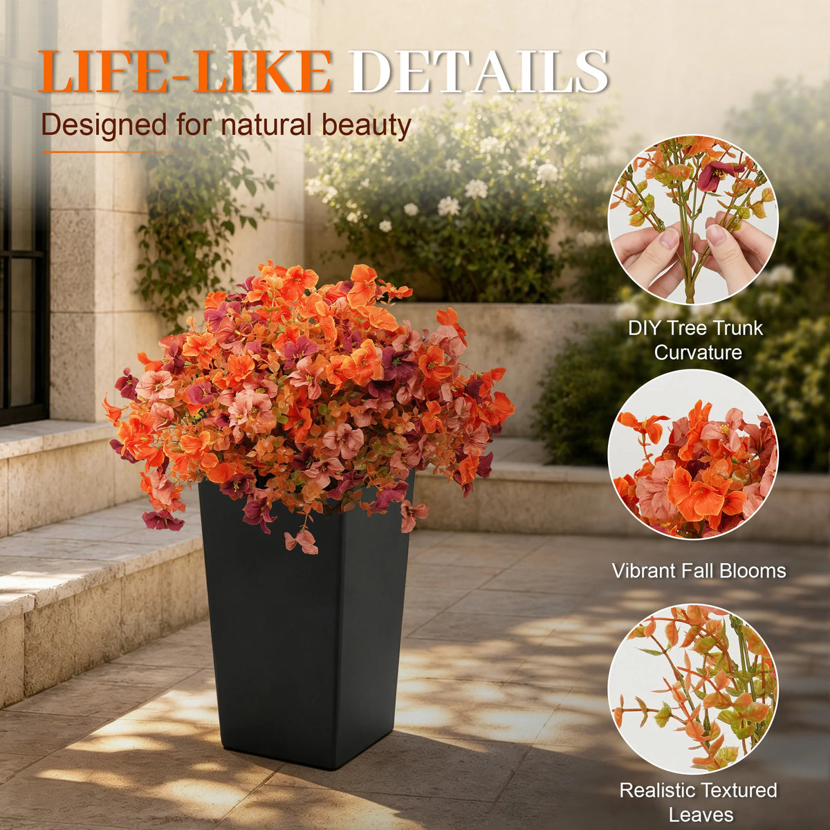 60cm Artificial Orange Daisy Flowers in Black Planters 2 Packs UV Resistant Artificial Flowers for Decoration, Faux Potted Plants for Front Porch Patio Outdoor Garden Decoration Entryway Home Fall Decor