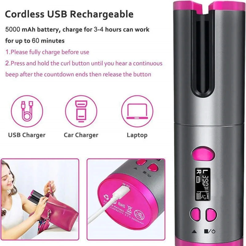 Automatic Hair Curler Wireless With Heat Timer Modes Rechargeable Portabl Fast Heating Styler For Perfect Curls Every Time