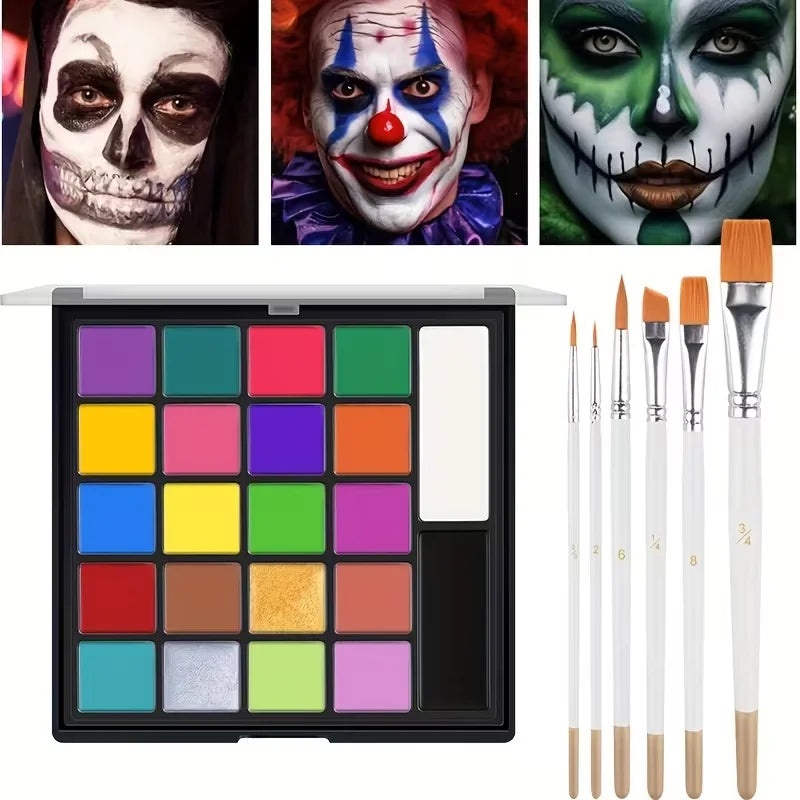 20 Colors Face Body Paint Palette with 6pcs Brushes, Waterproof Non-Toxic Face Painting Kit for Halloween Cosplay SFX Stage Carnival Party Kids Festival Body Art Makeup Supplies