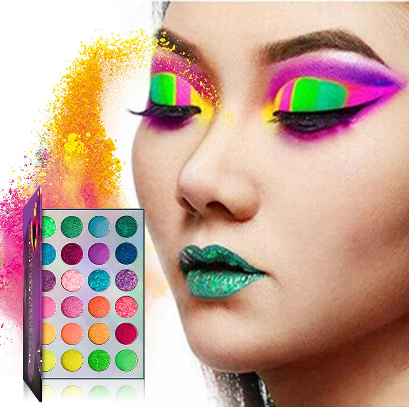 24 Colors Rainbow Neon Eyeshadow Palette UV Fluorescent Matte Shimmer Glitter High Pigment Colorful Eye Shadow Waterproof Blacklight Glow Stage Festival Halloween Makeup Cosmetic