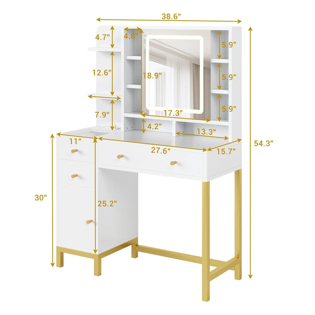 White Vanity Desk with Mirror and LED Lights