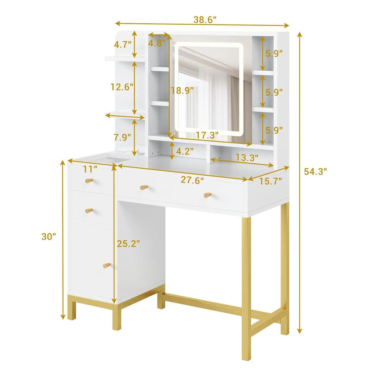 White Vanity Desk with Mirror and LED Lights