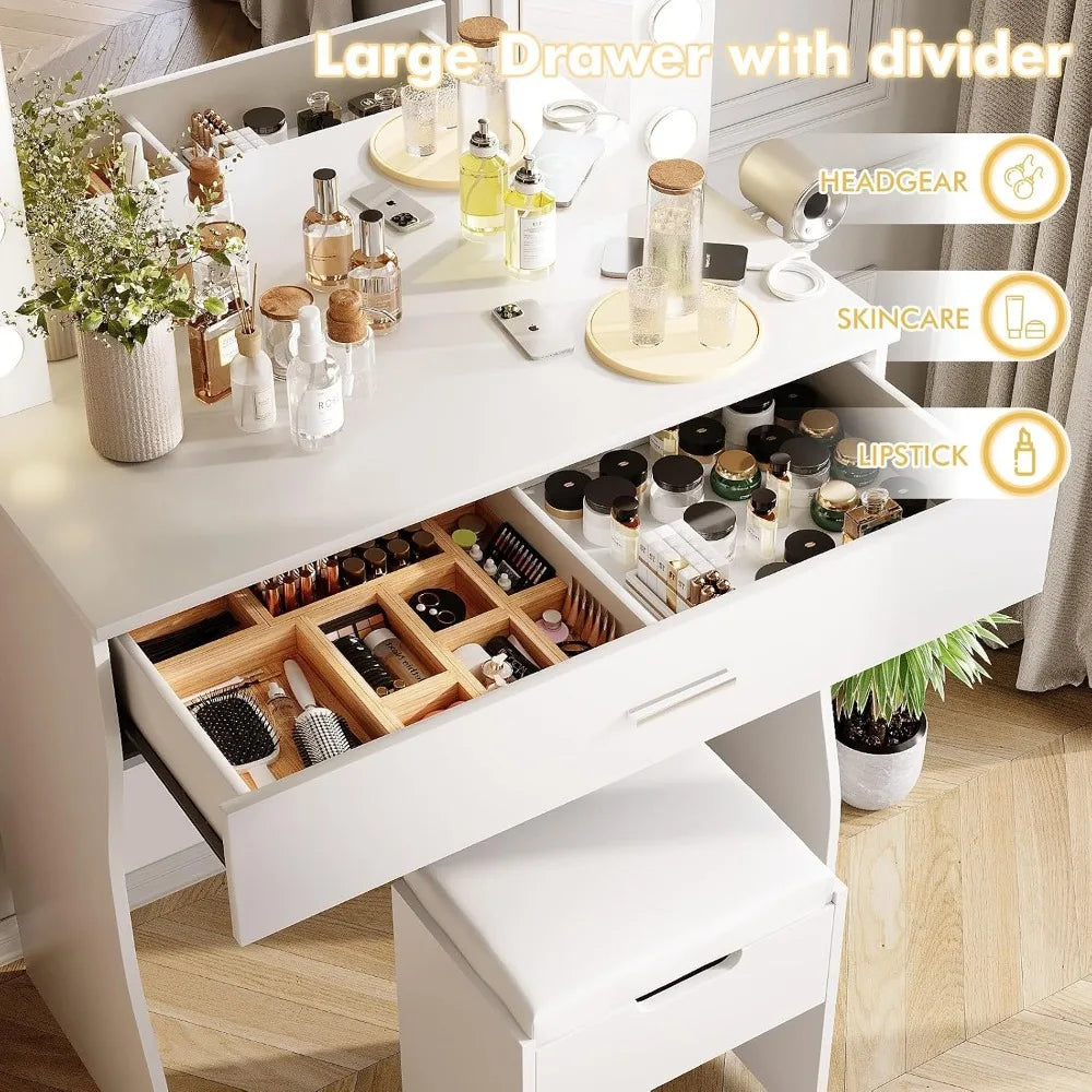 Makeup Vanity Desk with Mirror, White Bedroom Vanity Table with Charging Station and Storage Stool