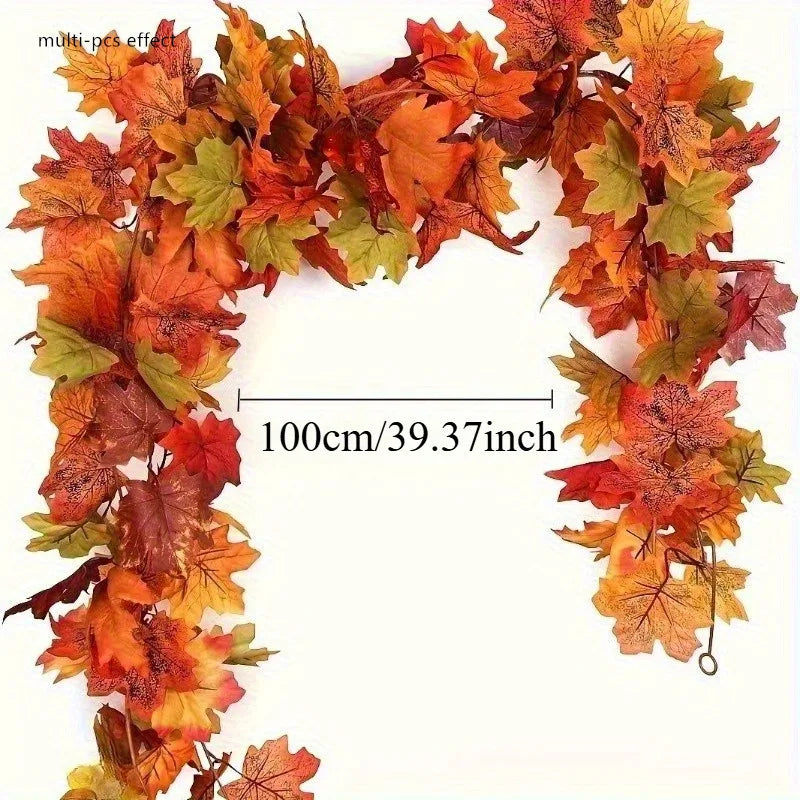 Artificial Maple Leaf Garland, Faux Autumn Leaves Wreath for Outdoor Thanksgiving and Christmas Fall Decorations for Home