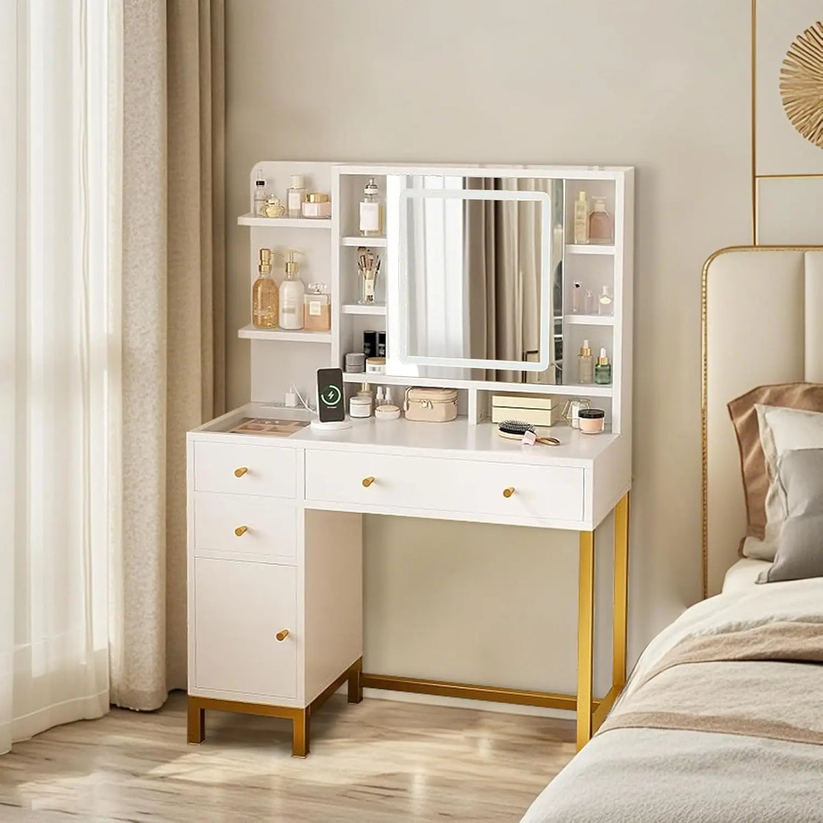 White Vanity Desk with Mirror and LED Lights