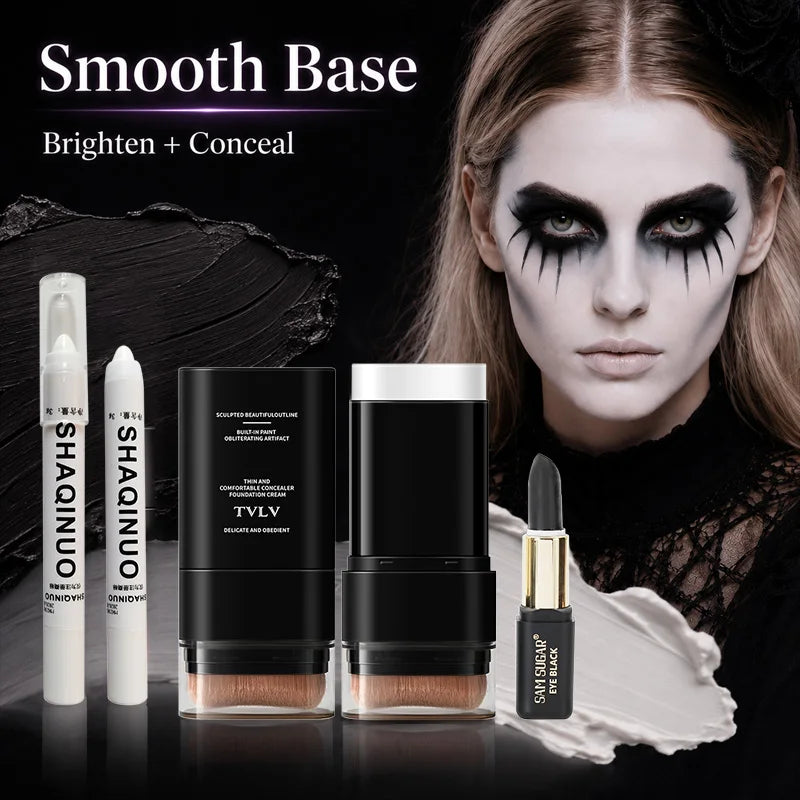 3Pcs Halloween Gothic Makeup Set White Foundation Stick Highlighter Pen Black Face Body Paint for Vampire Cosplay SFX Party Kit