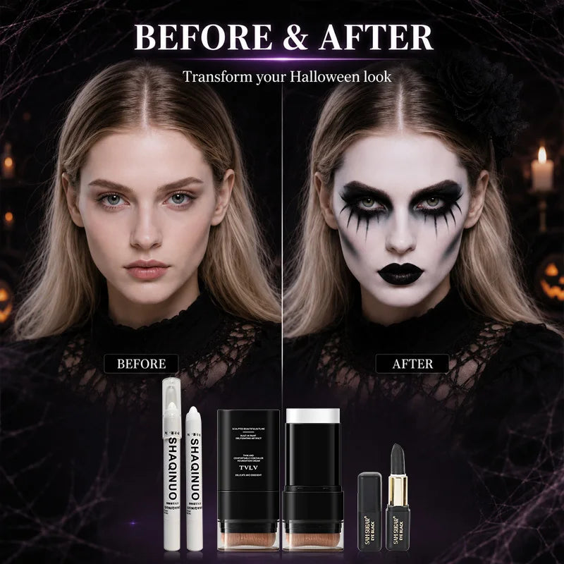 3Pcs Halloween Gothic Makeup Set White Foundation Stick Highlighter Pen Black Face Body Paint for Vampire Cosplay SFX Party Kit