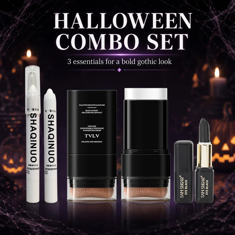 3Pcs Halloween Gothic Makeup Set White Foundation Stick Highlighter Pen Black Face Body Paint for Vampire Cosplay SFX Party Kit