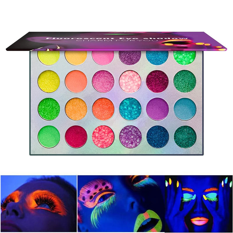 24 Colors Rainbow Neon Eyeshadow Palette UV Fluorescent Matte Shimmer Glitter High Pigment Colorful Eye Shadow Waterproof Blacklight Glow Stage Festival Halloween Makeup Cosmetic