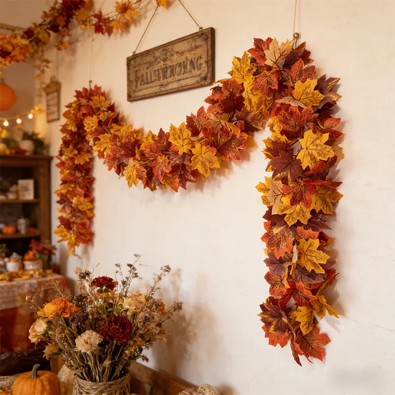 Artificial Maple Leaf Garland, Faux Autumn Leaves Wreath for Outdoor Thanksgiving and Christmas Fall Decorations for Home