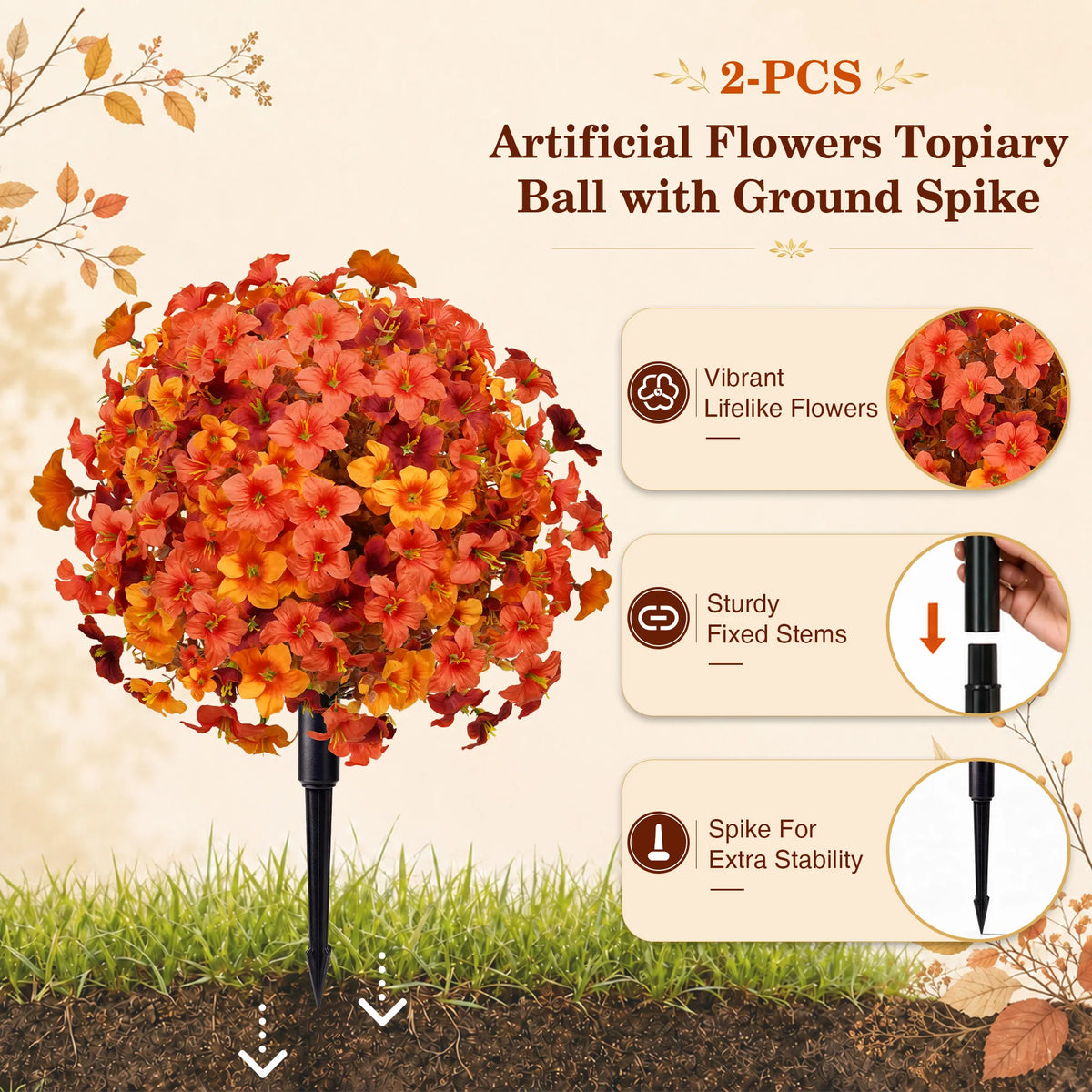 2 Pack Artificial Flowers Topiary Ball Outdoor Decoration with Garden Stake, Realistic Faux Flower Bush UV Resistant for Front Porch Patio Yard Garden Fall Decor Halloween Thanksgiving Day Decor