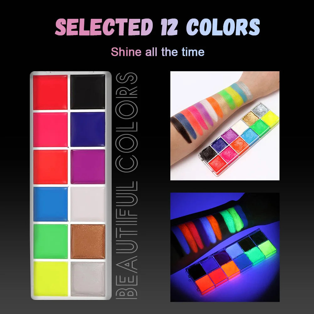 12 Colors Face Body Paint Palette, Oil Based Grease Makeup for Halloween, Stage, Theater, Masquerade Party and Cosplay