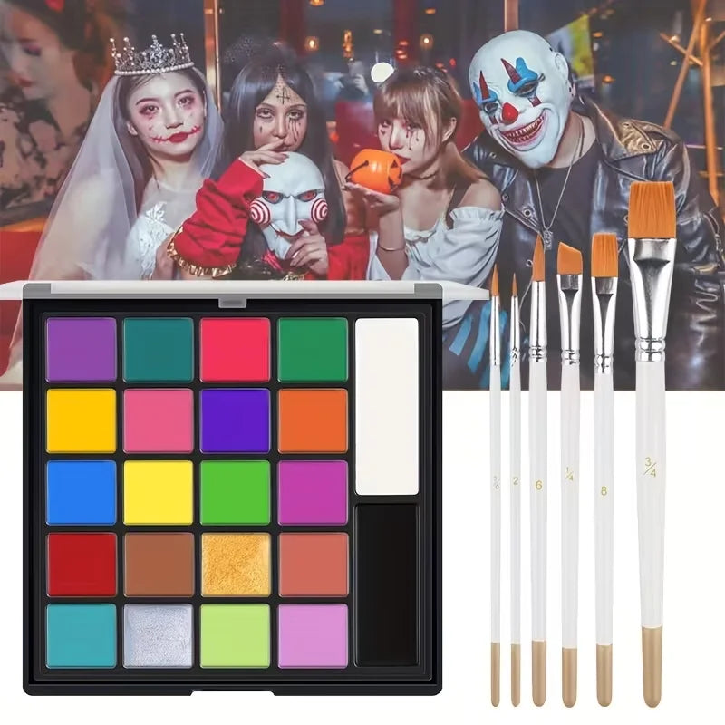 20 Colors Face Body Paint Palette with 6pcs Brushes, Waterproof Non-Toxic Face Painting Kit for Halloween Cosplay SFX Stage Carnival Party Kids Festival Body Art Makeup Supplies